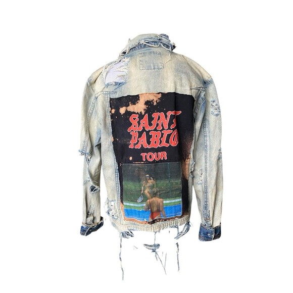 Upcycled Saint Pablo Patch Denim Jacket OOAK Distressed Bleached Street Grunge - Picture 1 of 16